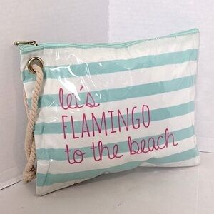 Women’s wet swimsuit bag, wristlet featuring flamingos and stripes